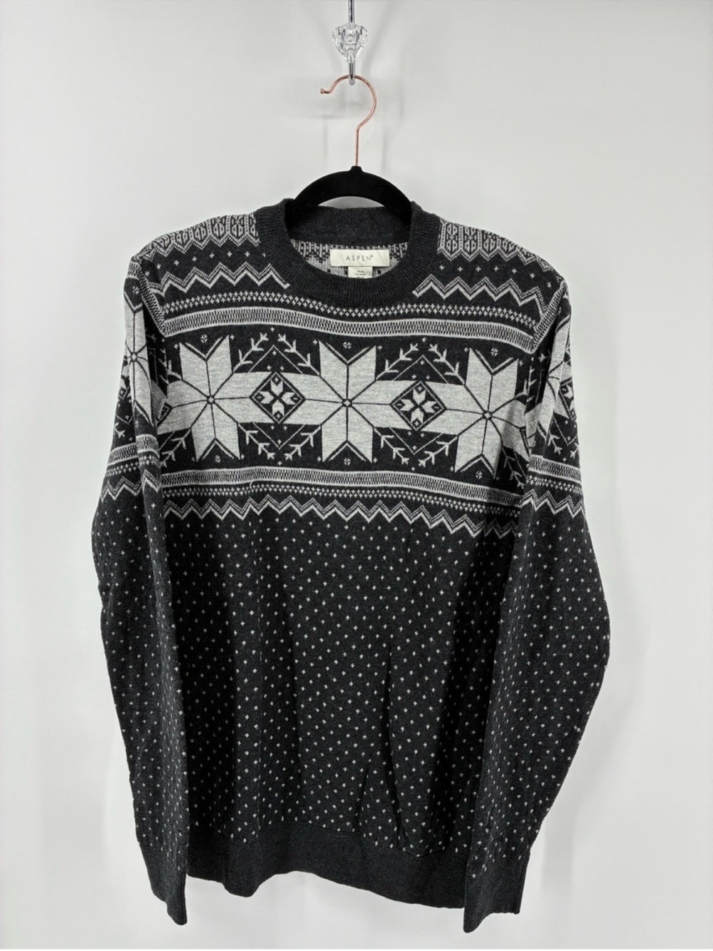 Aspen 5% Wool Blend Men's Black & Gray Fair Isle Crewneck Sweater